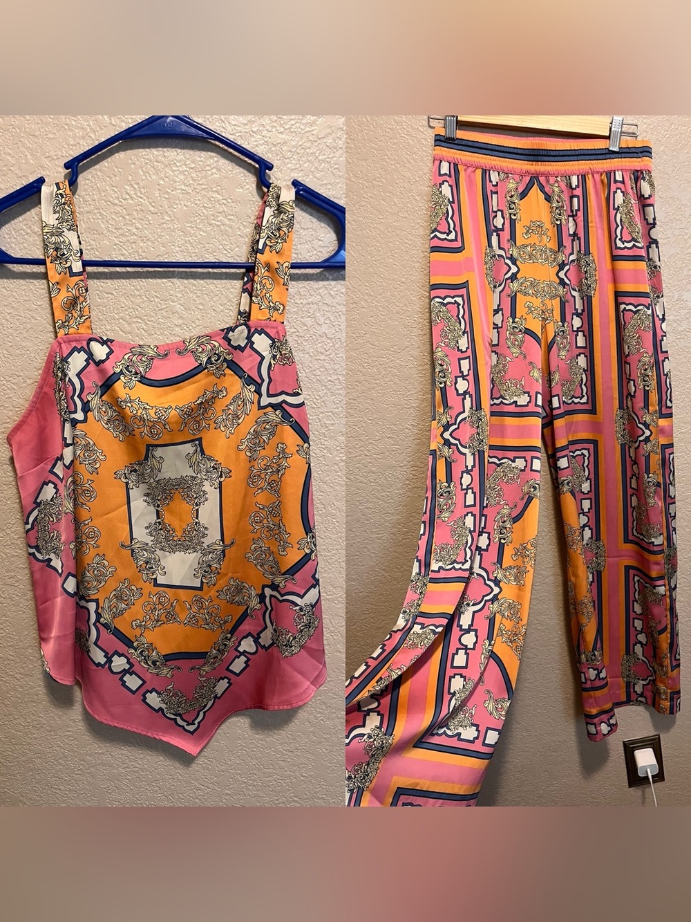 NWOT Rachel Zoe Pink and Orange Wide-Leg Jumpsuit with Scarf Print
